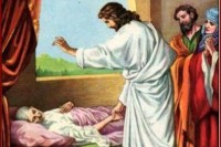 Jesus healing bed ridden woman with observers