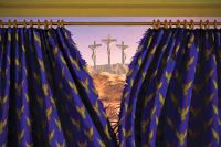 crosses of Jesus crucifixion beyond torn temple curtain